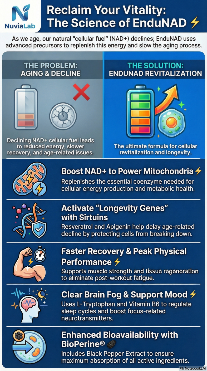 Quick Answer: NAD+ (Nicotinamide Adenine Dinucleotide) is a critical coenzyme found in all living cells, essential for energy production and DNA repair. Levels naturally decline with age, leading to fatigue. EnduNAD is a premium NAD+ booster that uses precursors like Trigonelline and Niacin to revitalize cellular energy, enhance physical recovery, and support longevity.